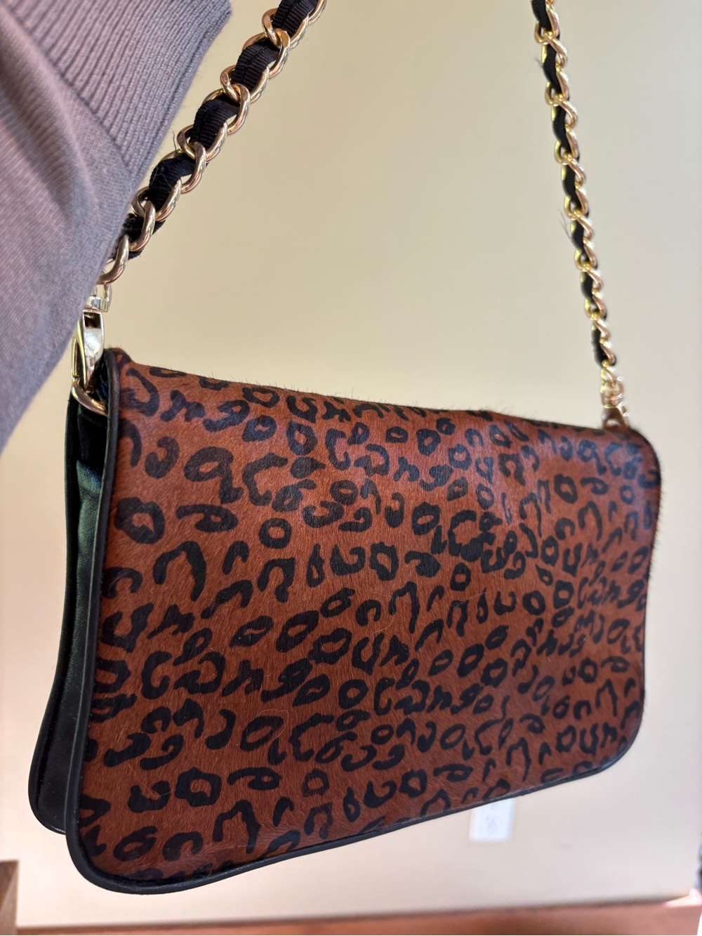LOFT LEATHER Leopard 🐆 Print Purse Chain Bag Convertible Clutch Black & Brown